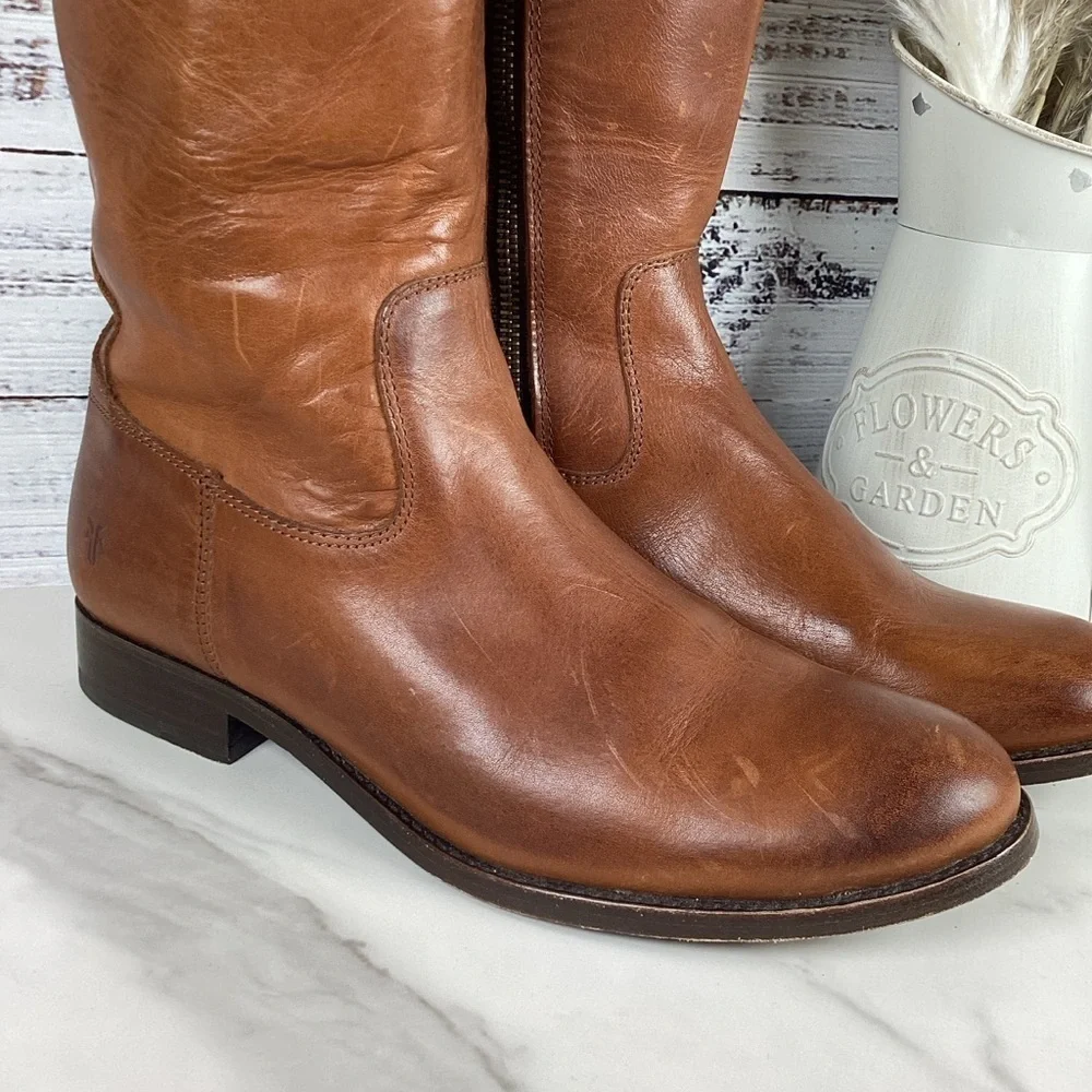 FRYE SIZE 7 MELISSA D RING TALL BOOTS BROWN CARAMEL LEATHER EQUESTRIAN SHOES EUC